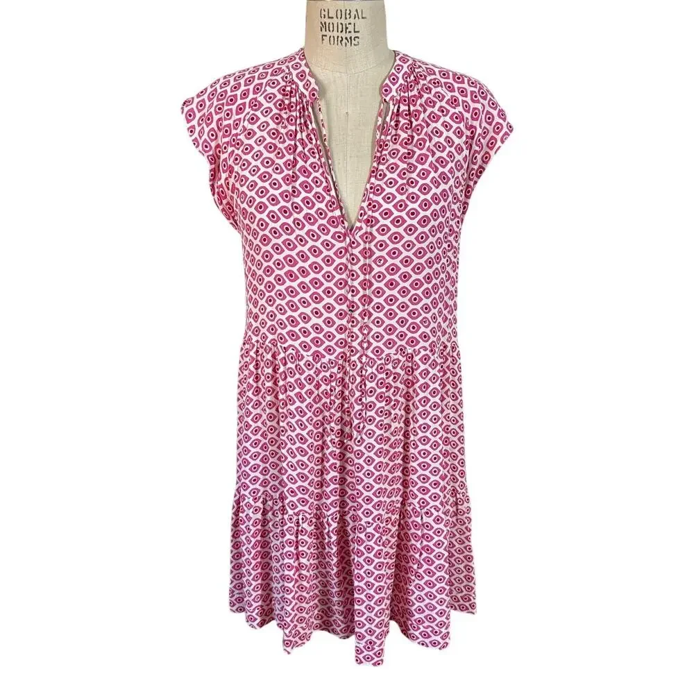 Zadig & Voltaire Rito Eyes Dress Pink White Cap Sleeve Floral Ruffle Size Large